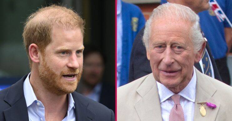 ED composite of Prince Harry talking and King Charles in beige suit