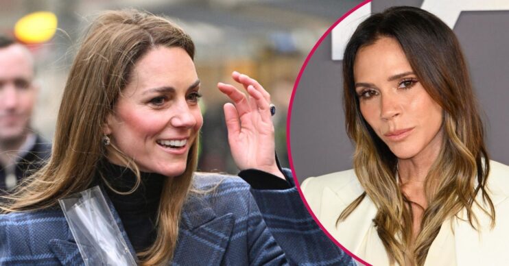 ED composite of Kate Middleton smiling and Victoria Beckham posing