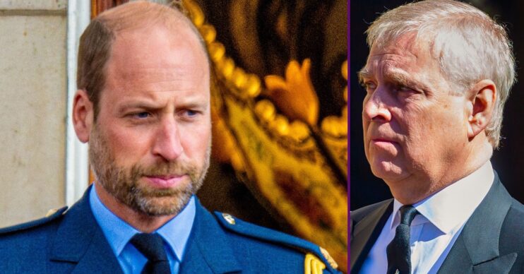 Prince William frowning beside Andrew Mountbatten-Windsor with an emotional expression