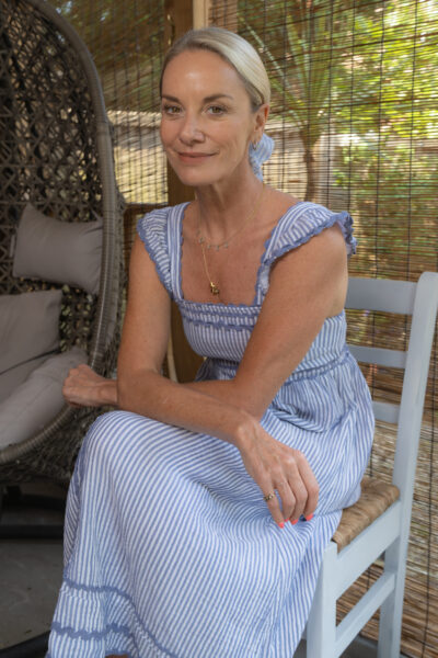 Tamzin Outhwaite in a blue dress