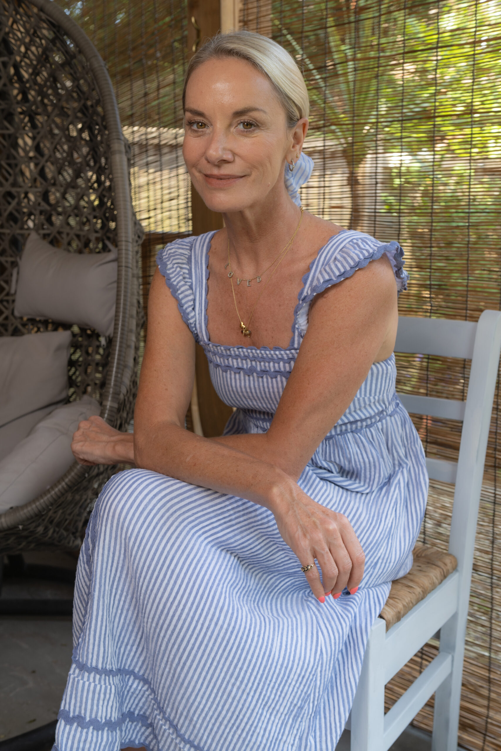 Tamzin Outhwaite in a blue dress