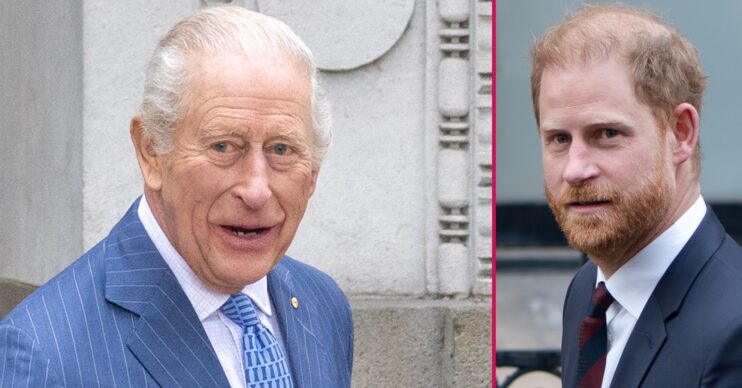ED composite of King Charles smiling in blue suit and Prince Harry in black suit