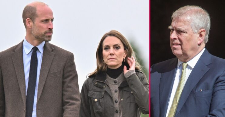 ED composite of Prince William and Kate Middleton during royal engagement and Andrew Mountbatten-Windsor at Easter service