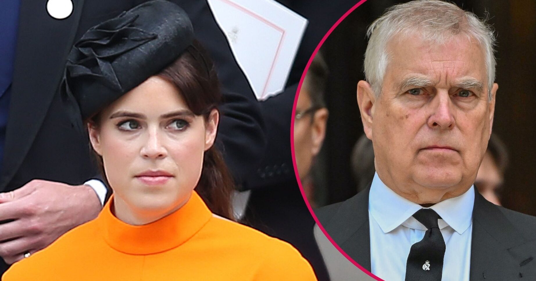 ED composite of Princess Eugenie in orange outfit and Andrew Mountbatten-Windsor at Duchess of Kent's funeral