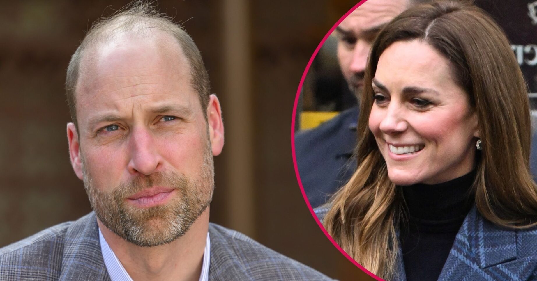 ED composite of Prince William looking serious and Kate Middleton smiling