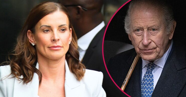 Coleen Rooney in a white suit / King Charles looking sad