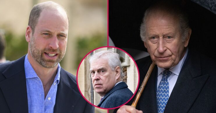 ED composite of King Charles / Andrew Mountbatten Windsor looking over his shoulder / Prince William