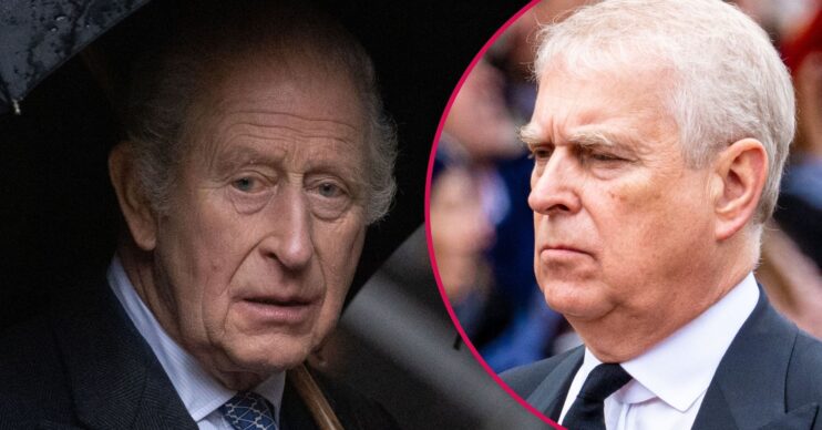 ED composite of Andrew Mountbatten-Windsor at the queen's funeral / King Charles with an umbrella looking sad