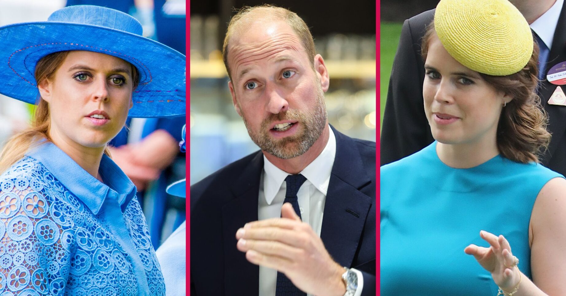 ED composite of Princess Beatrice, Prince William and Princess Eugenie looking serious at different events