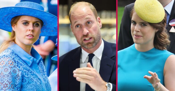 ED composite of Princess Beatrice, Prince William and Princess Eugenie looking serious at different events