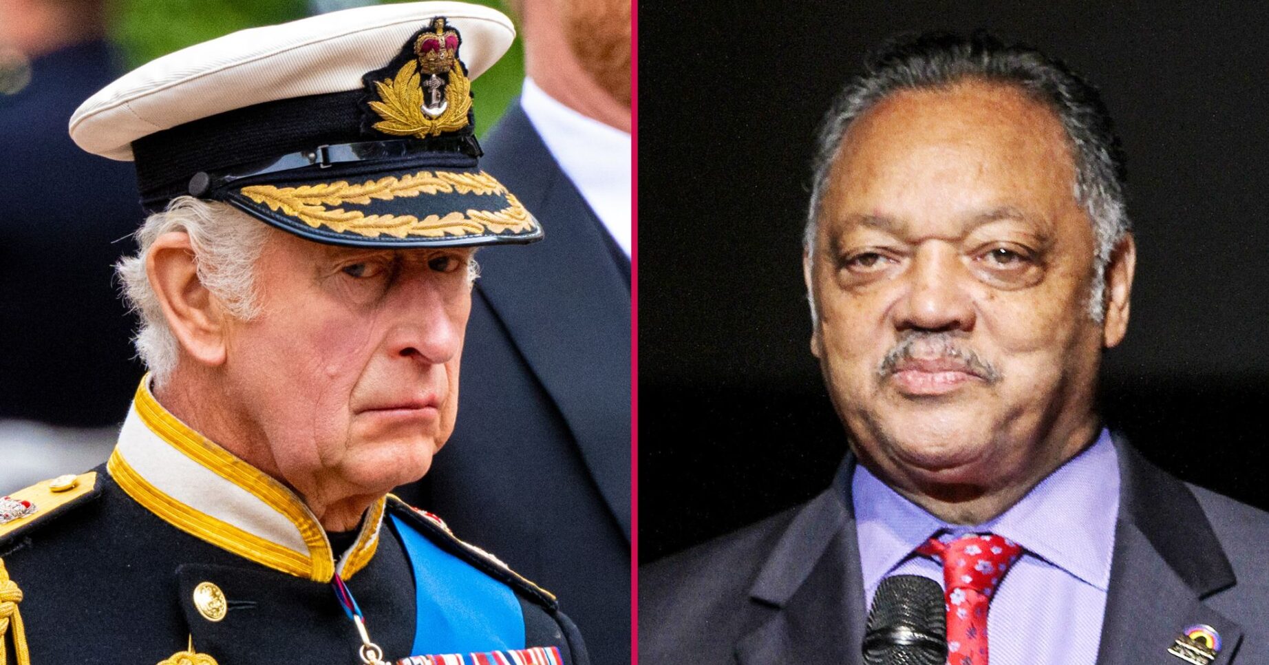 King Charles frowning beside an image of Reverend Jesse Jackson