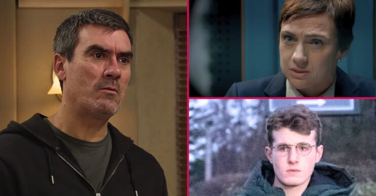 Cain, Walsh and Arthur in Emmerdale split shot (Credit: ITV/Comp ED!)