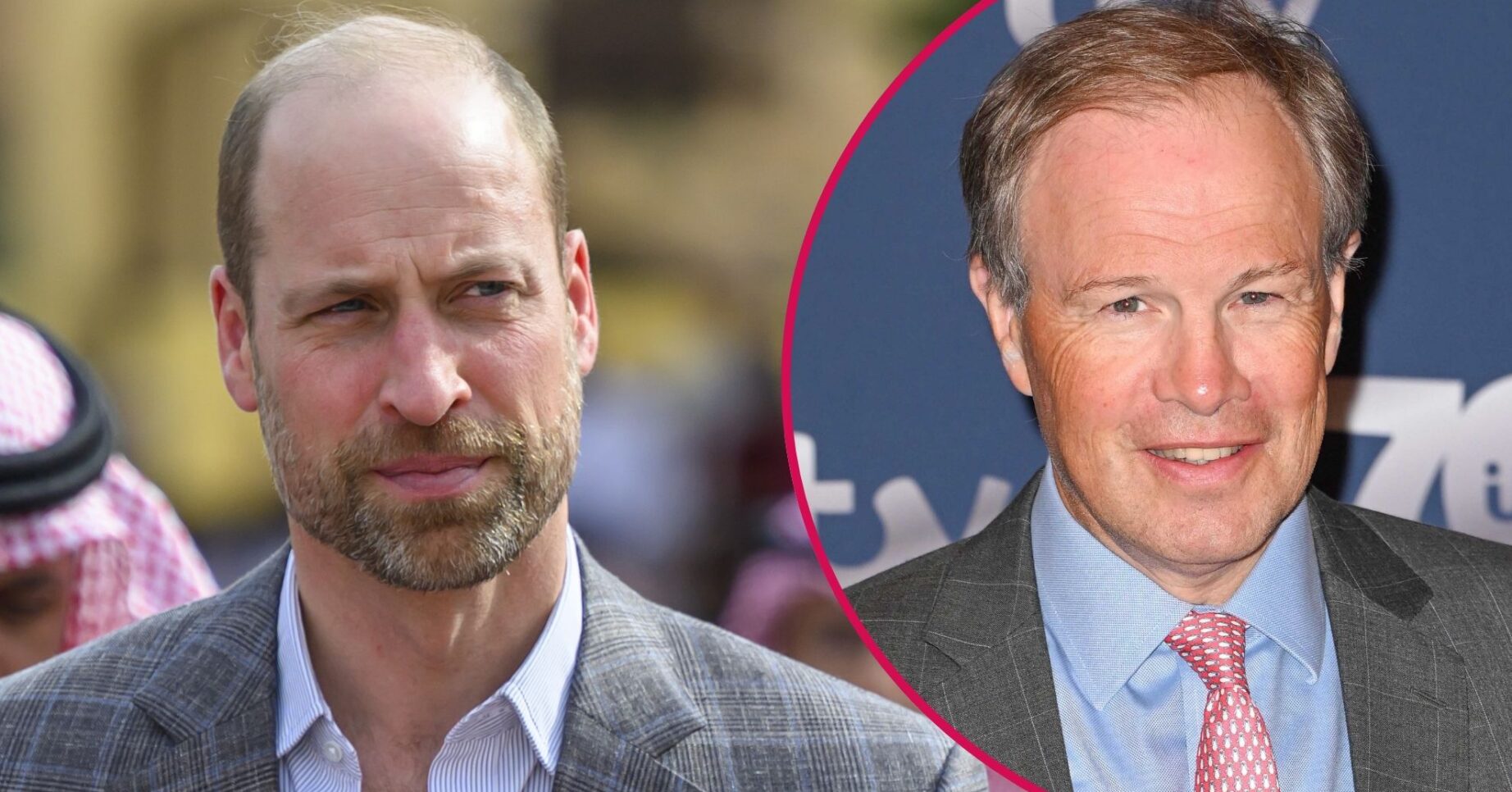 ED composite of Prince William looking serious and Tom Bradby smiling at ITV event