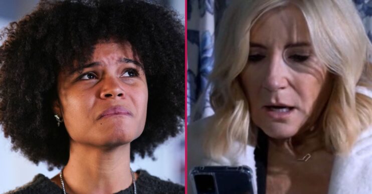 Jasmine and Cindy with Jasmine's phone split image