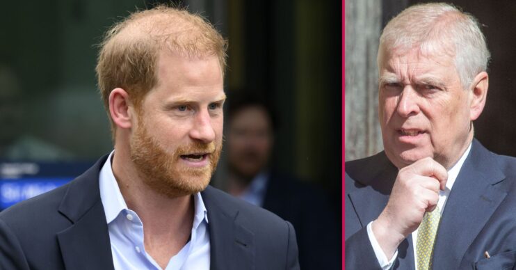 ED composite of Prince Harry in blazer and Andrew Mountbatten-Windsor resting his chin in his hand