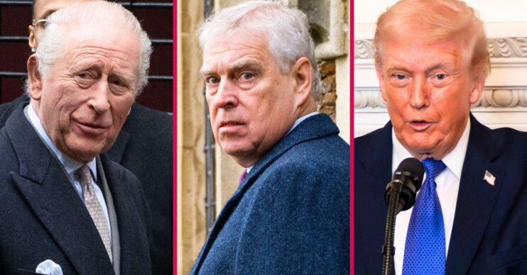 King Charles with a shocked expression. Andrew Mountbatten-Windsor scowling and Donald Trump talking