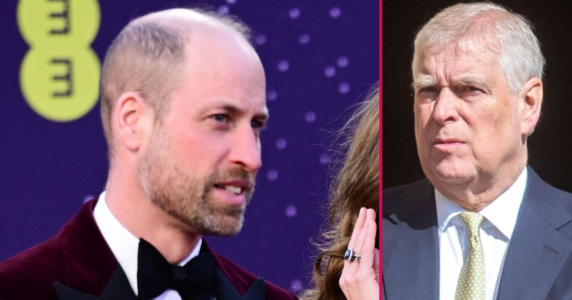 ED composite of Prince William at BAFTAs and Andrew Mountbatten-Windsor frowning at royal service