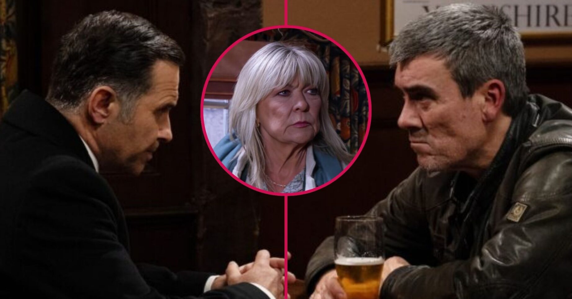 ED triple pic: Graham / Cain in the pub / Kim annoyed in Emmerdale