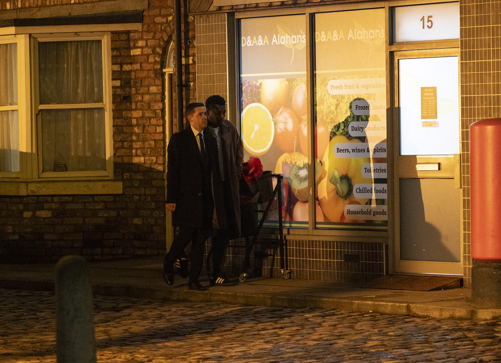 Todd and James walking in Coronation Street