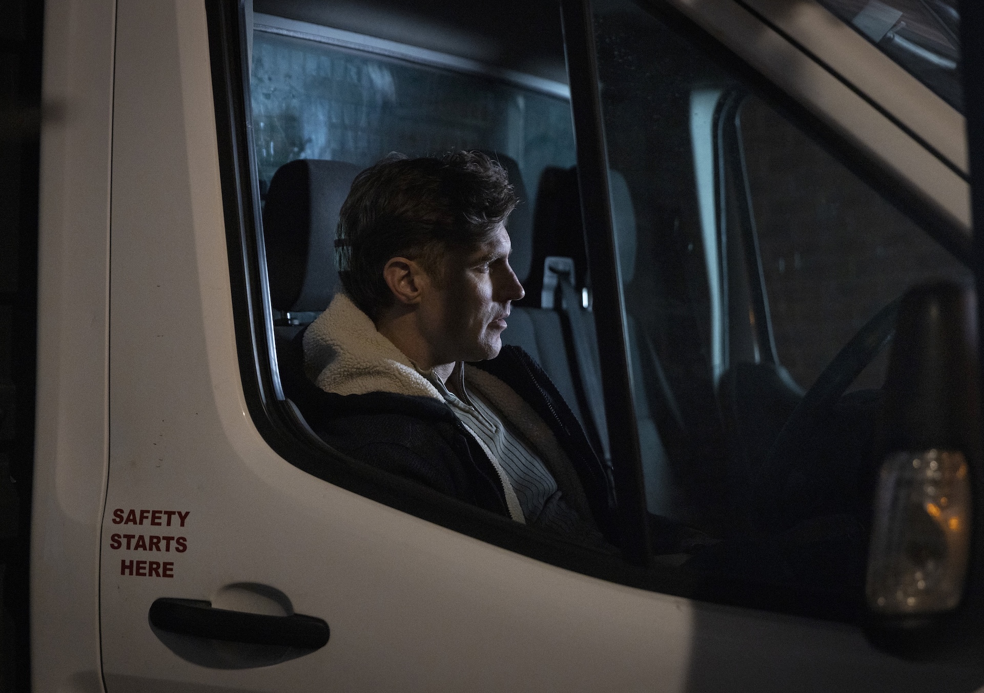 Theo in van in Coronation Street