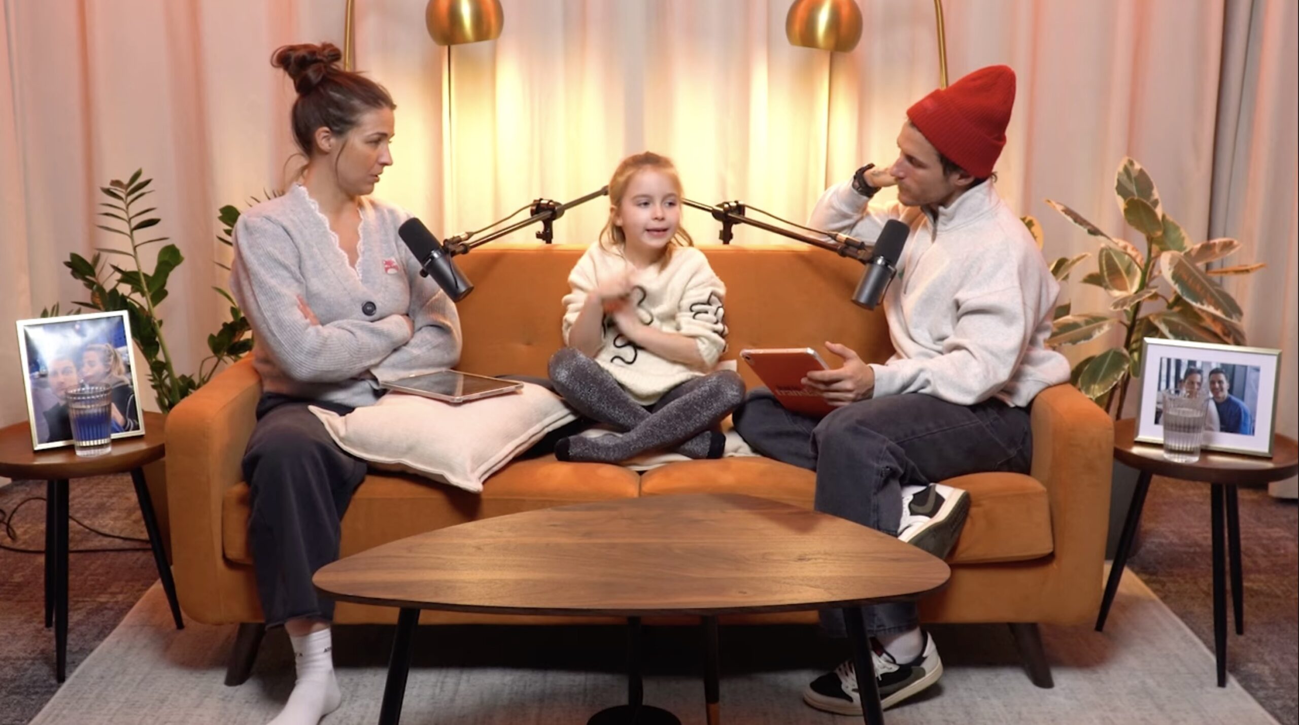 Gemma Atkinson, Gorka Marquez and daughter Mia on their podcast