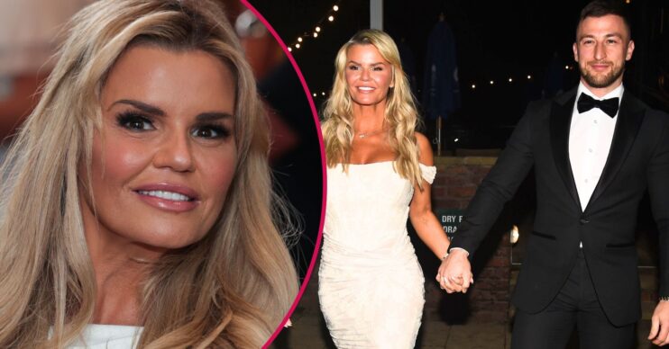 ED composite: Kerry Katona close-up, smiling beside image of her hand in hand with new boyfriend Paolo Margaglione, as she wears a long lace dress and he wears a tuxedo