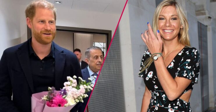 Prince Harry holding a bunch of flowers beside a smiling Chelsy Davy