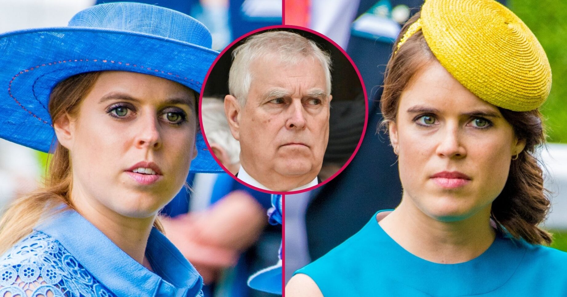 Princesses Beatrice and Eugenie looking serious with Andrew