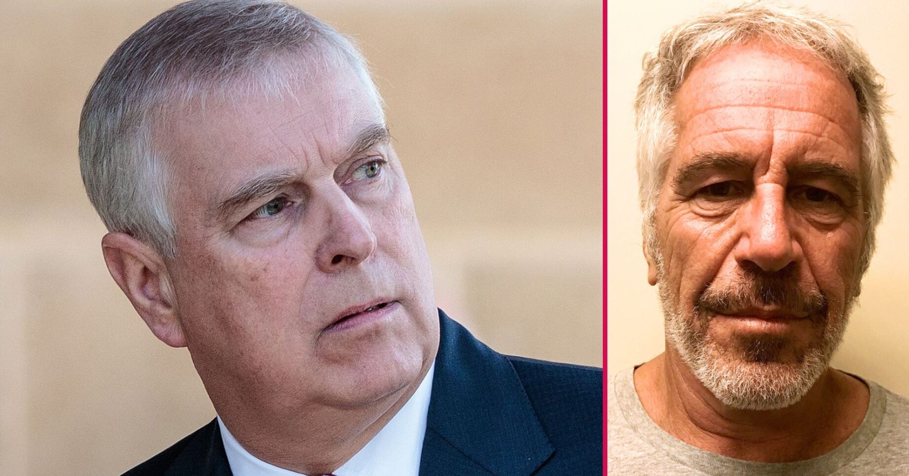 Andrew Mountbatten-Windsor frowning beside an image of Jeffrey Epstein