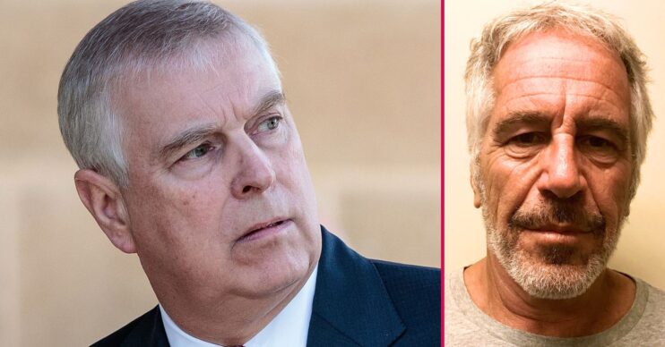 Andrew Mountbatten-Windsor frowning beside an image of Jeffrey Epstein