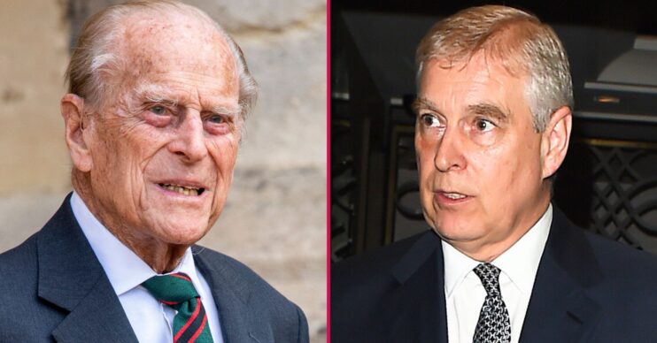 Prince Philip frowning beside Andrew Mountbatten-Windsor with a shocked expression