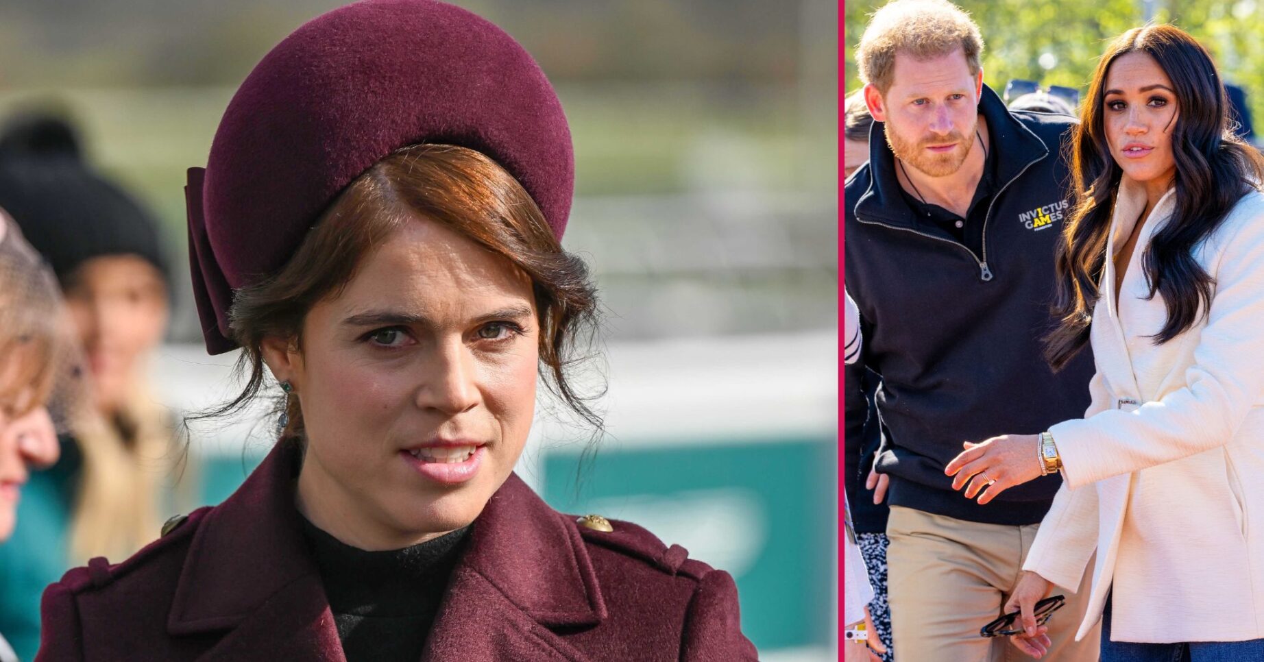 Princess Eugenie frowning beside Harry and Meghan with shocked expressions