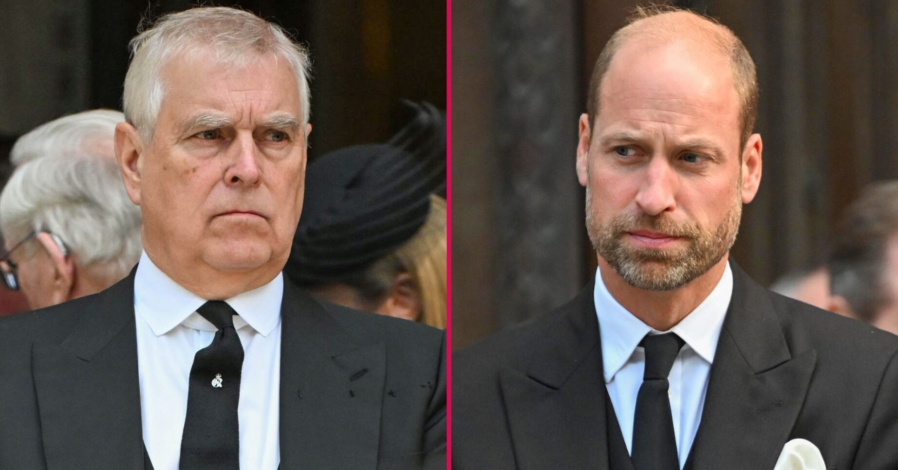 Andrew Mountbatten-Windsor frowning at the Duchess of Kent's funeral beside an image of Prince William also frowning