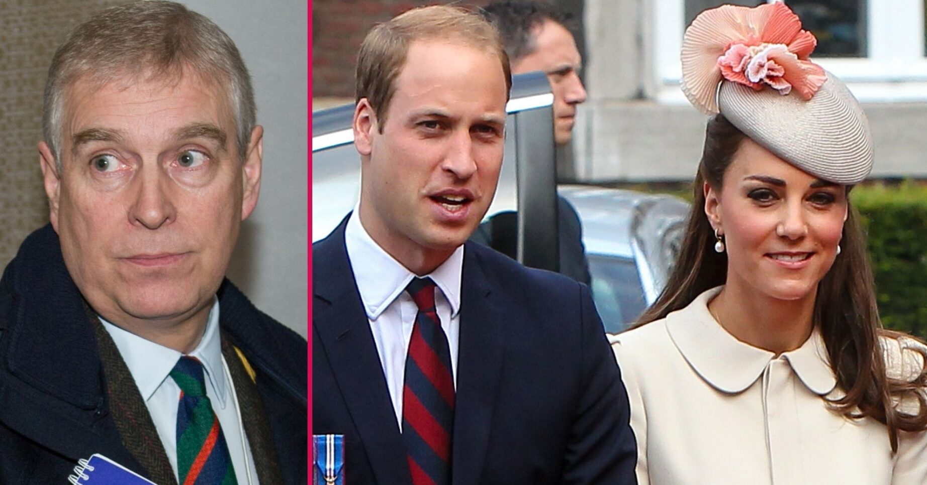 Andrew Mountbatten-Windsor with a serious expression beside William and Kate smiling