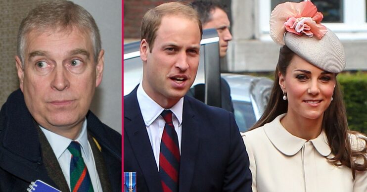 Andrew Mountbatten-Windsor with a serious expression beside William and Kate smiling