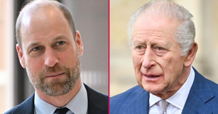 Prince William frowning beside King Charles with a shocked expression