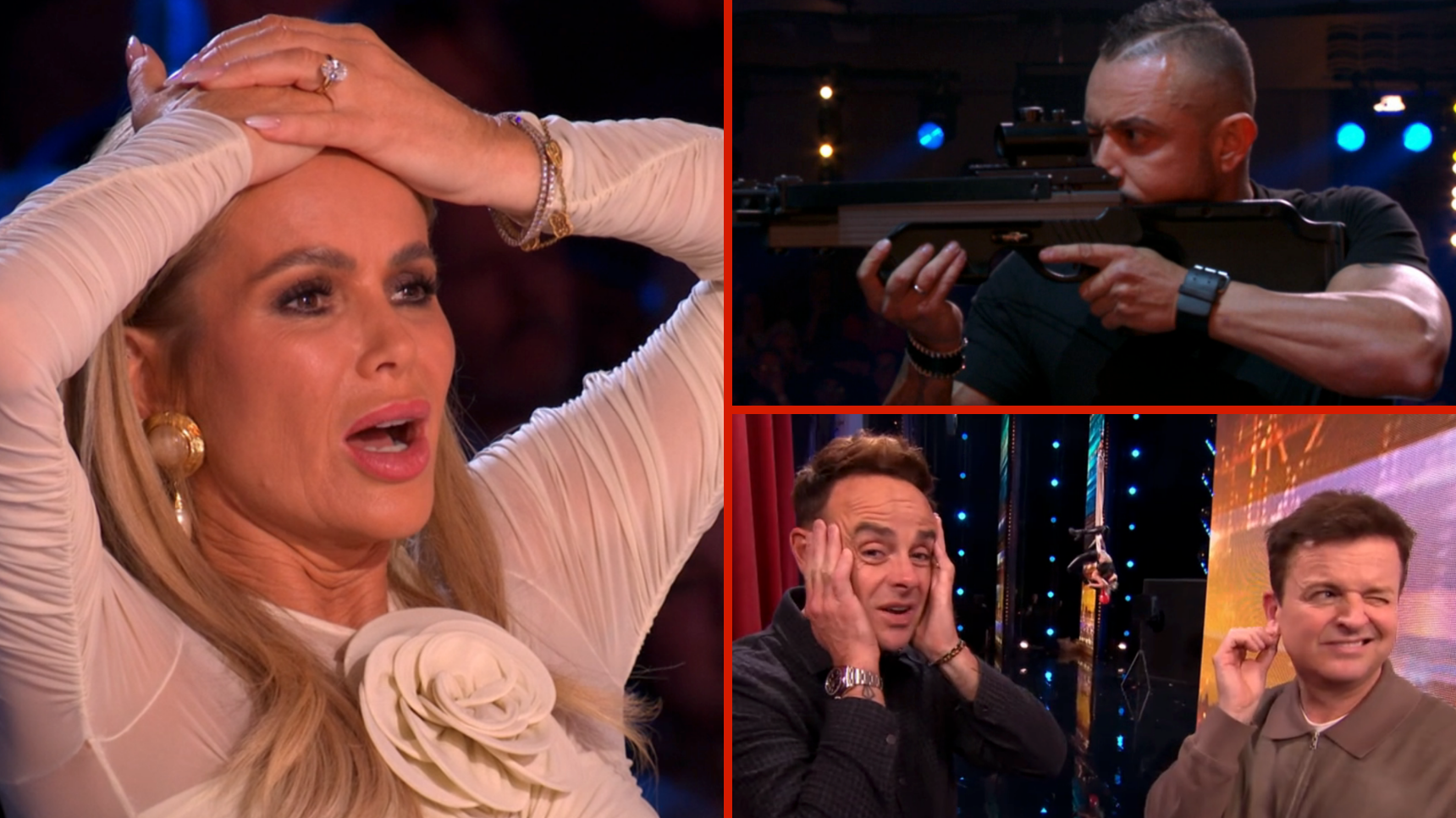 Amanda Holden and Ant McPartlin looking shocked and a BGT contestant holding a gun