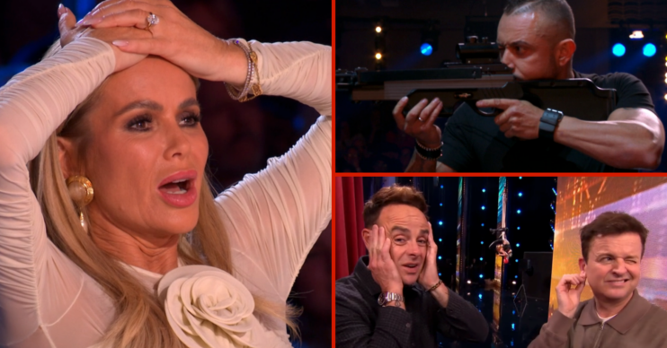 Amanda Holden and Ant McPartlin looking shocked and a BGT contestant holding a gun