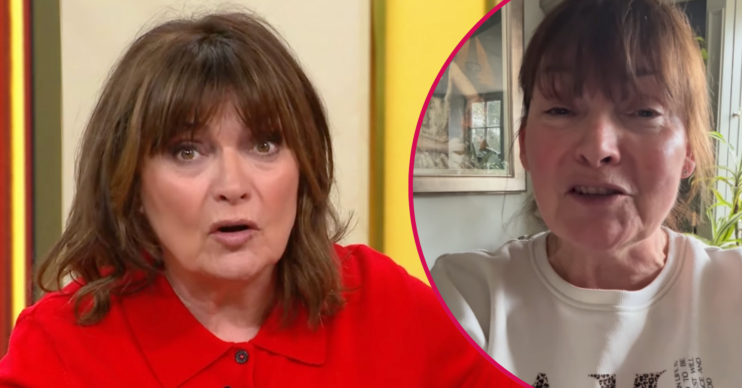 Lorraine Kelly in a red top and speaking on Instagram