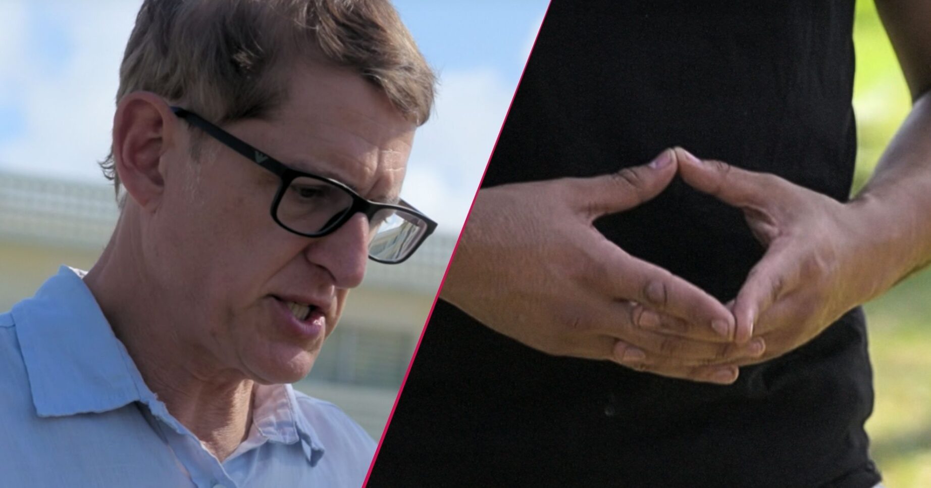 Louis Theroux looking down at a triangle-shaped hand gesture