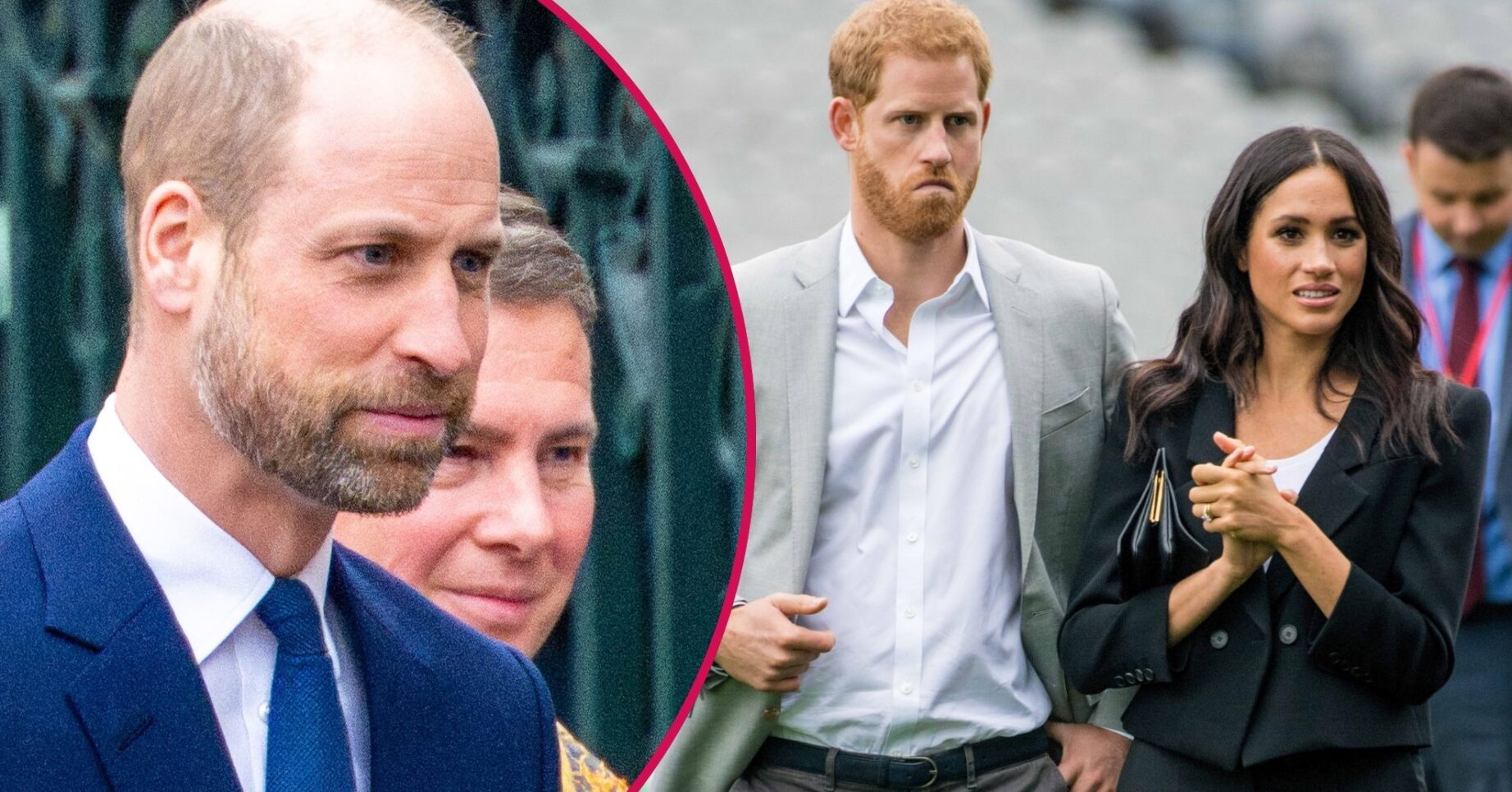 Prince William frowning beside a frowning Harry and Meghan