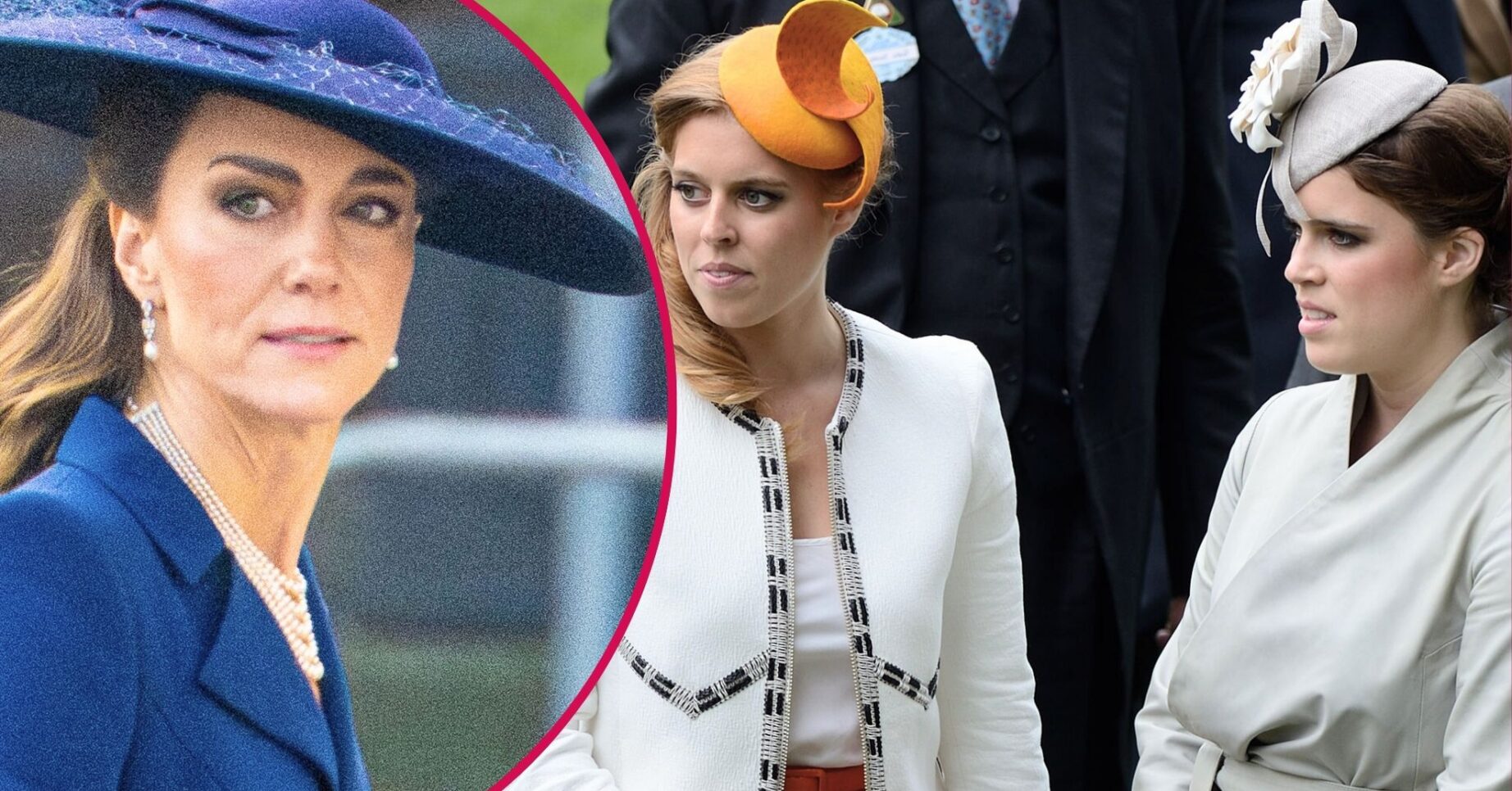 Princess Kate frowning beside an image of Princesses Beatrice and Eugenie