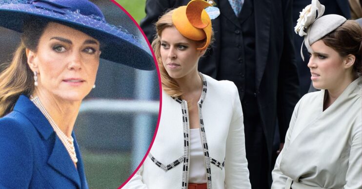 Princess Kate frowning beside an image of Princesses Beatrice and Eugenie