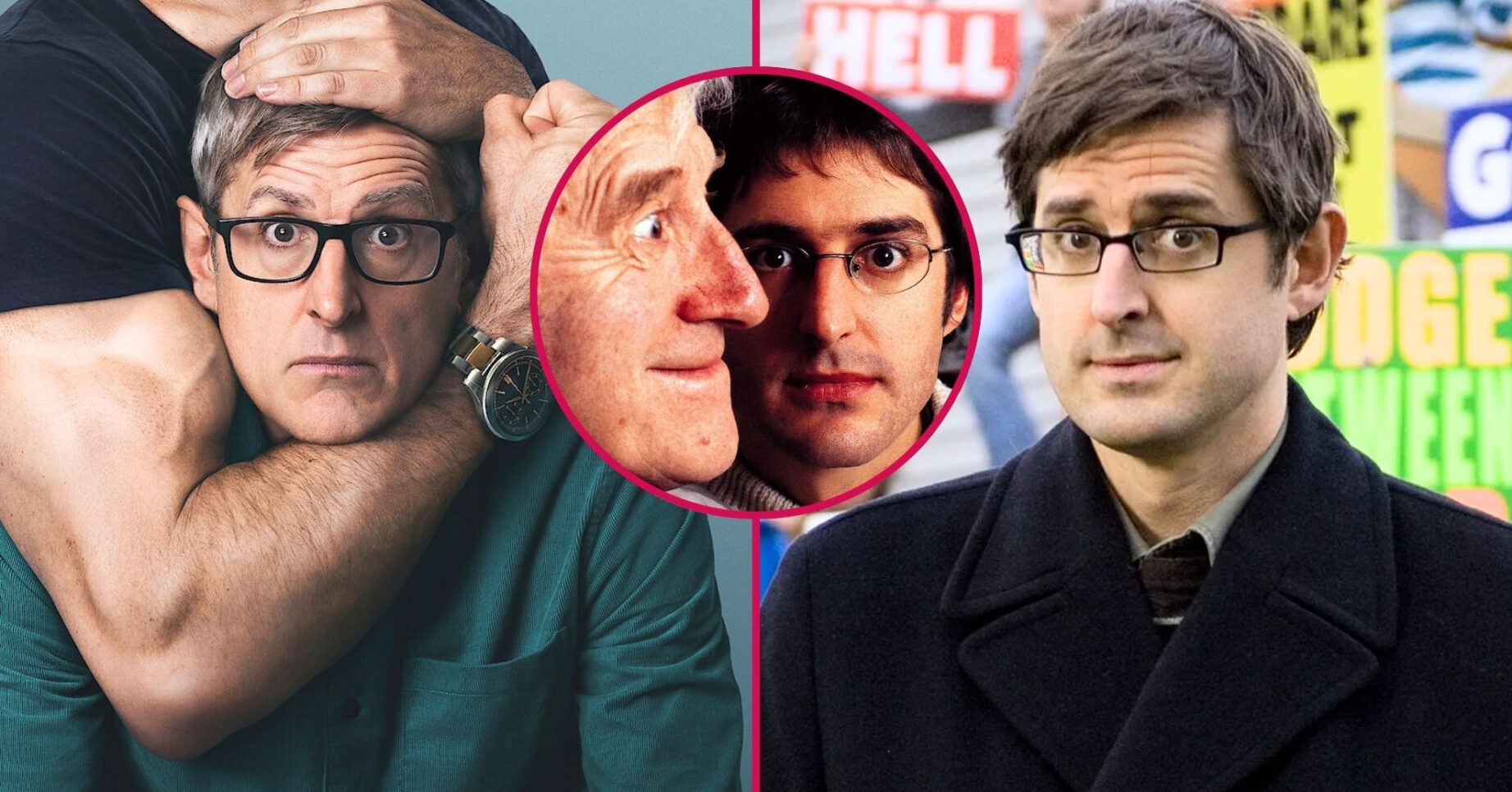 Louis Theroux in a headlock, Louis Theroux surrounded by boards, and Louis Theroux and Jimmy Savile