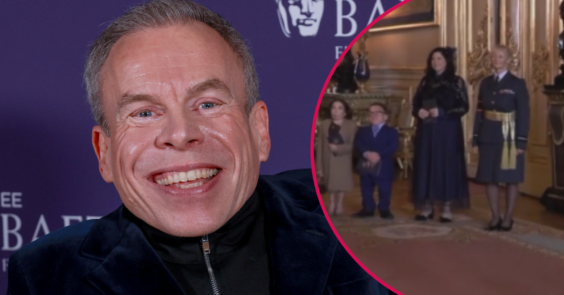 Warwick Davis smiling and his OBE ceremony inset