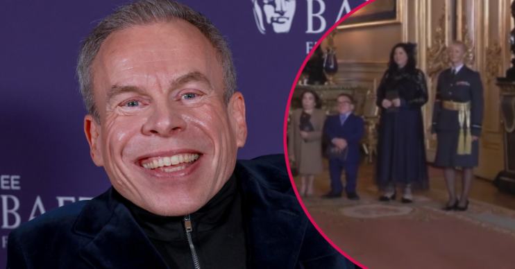 Warwick Davis smiling and his OBE ceremony inset
