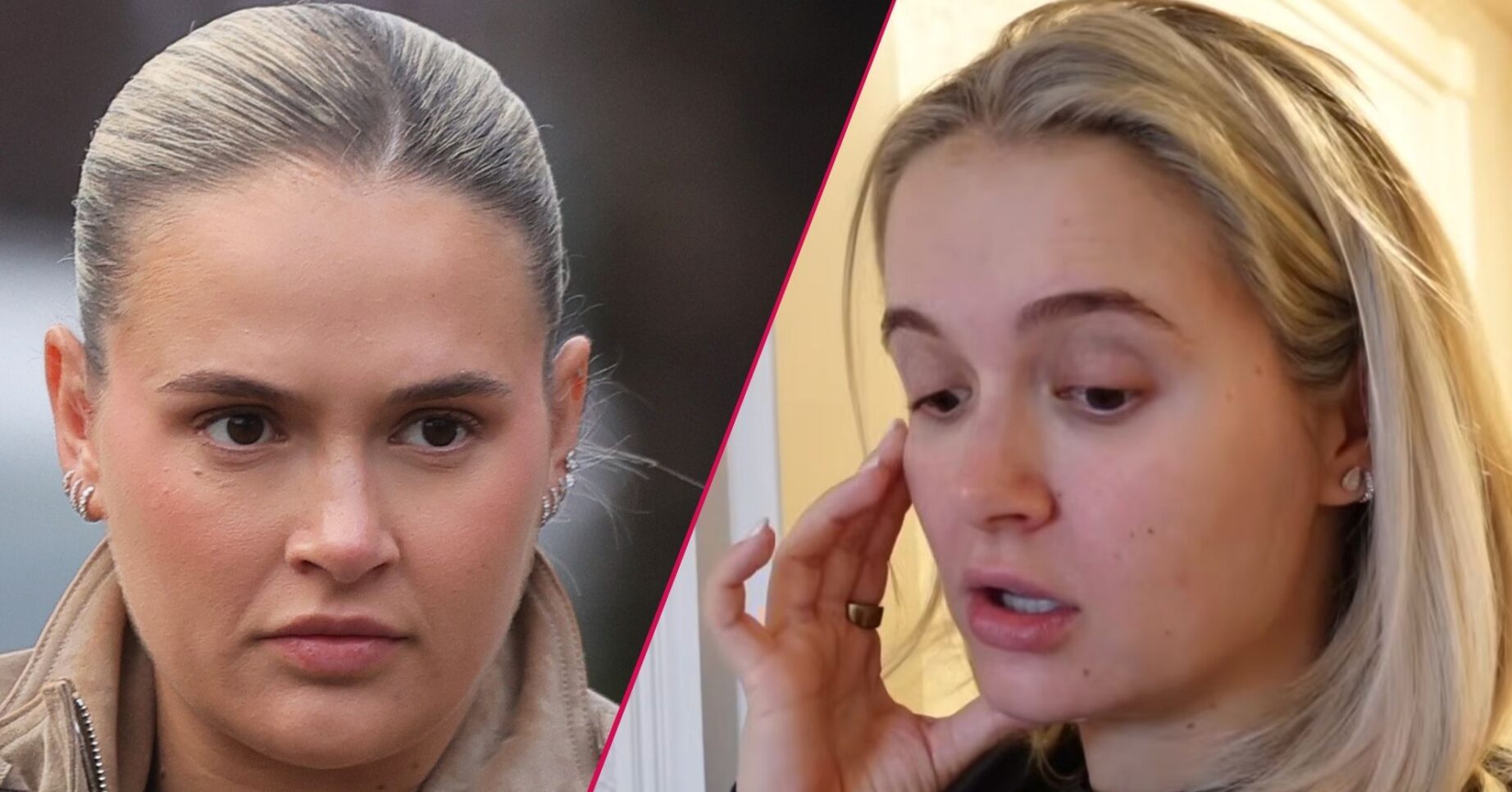 ED composite: Molly-Mae Hague frowning beside a screenshot from her latest Youtube vlog where she is touching her face with a deep frown