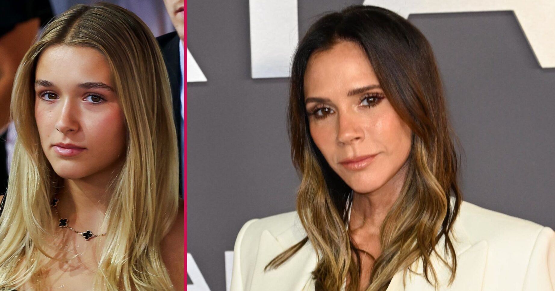 ED composite of Harper Beckham and Victoria with serious expressions at events