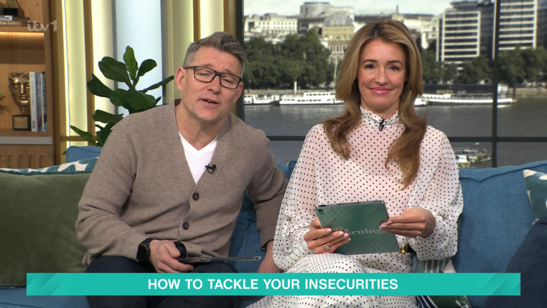 Cat Deeley on This Morning in a sheer white top with Ben Shephard