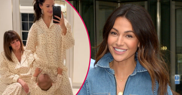 Michelle Keegan smiling and with her mum and daughter Palma